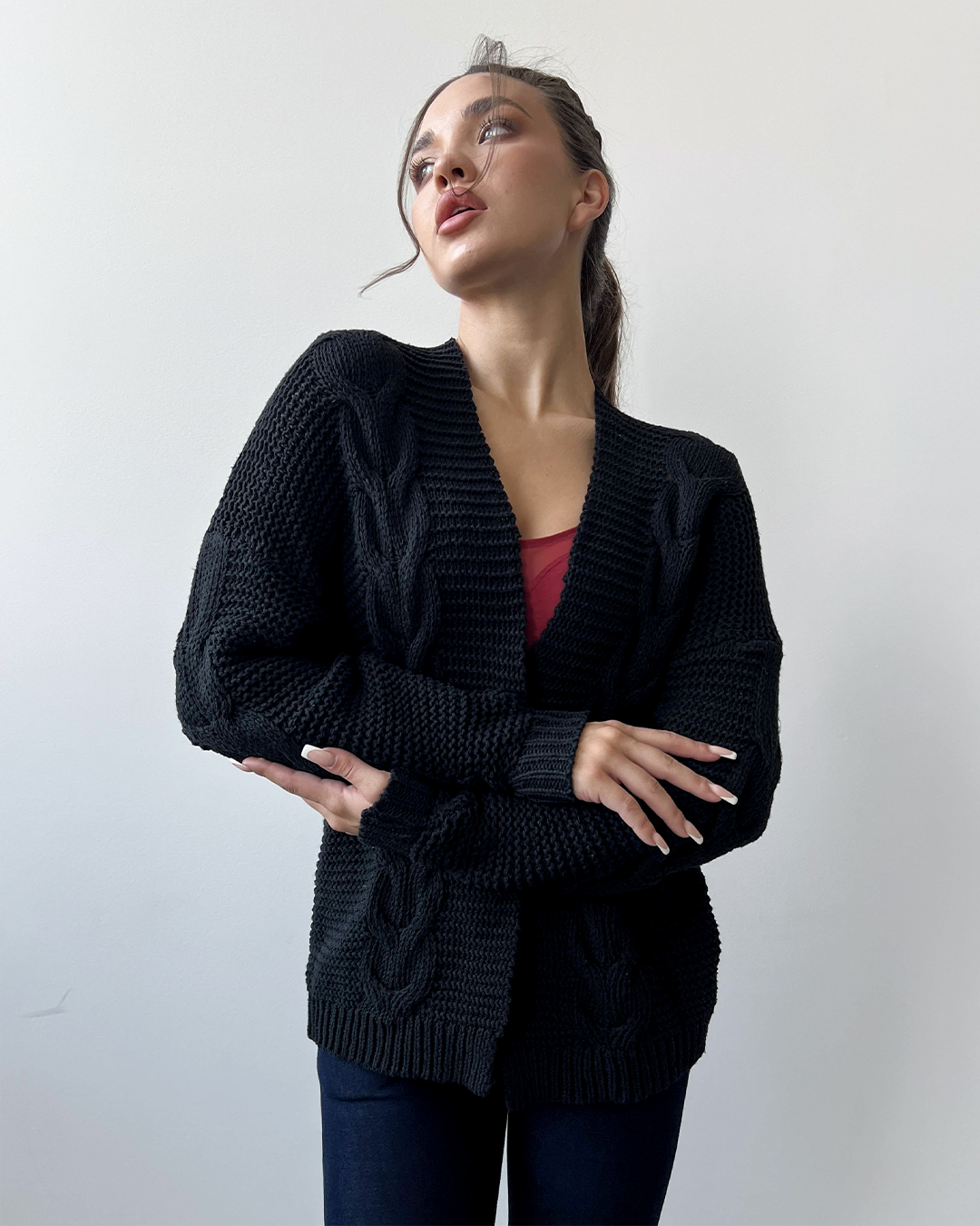 Cable Knit Fashion Cardigan - Sweater - Black