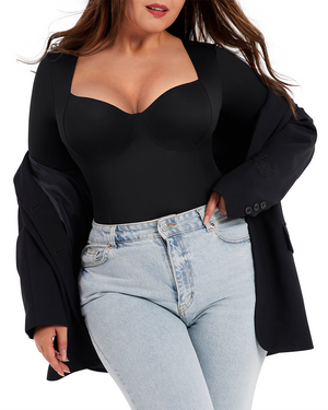 Deep Sweetheart Neck Longsleeve Bodysuit - Shapewear - Black