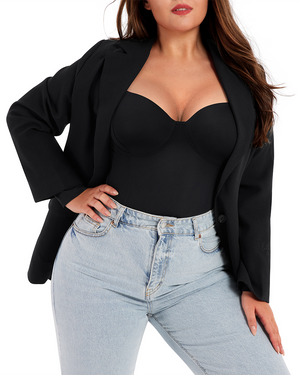 Deep Sweetheart Neck Longsleeve Bodysuit - Shapewear - Black