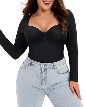 Deep Sweetheart Neck Longsleeve Bodysuit - Shapewear - Black