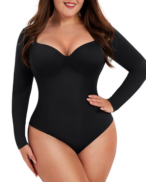 Deep Sweetheart Neck Longsleeve Bodysuit - Shapewear - Black