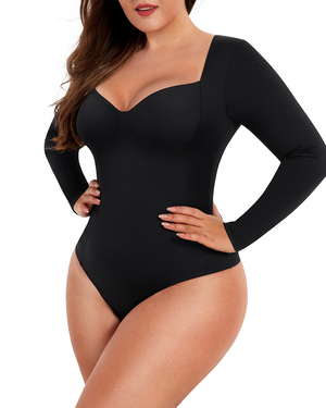 Deep Sweetheart Neck Longsleeve Bodysuit - Shapewear - Black