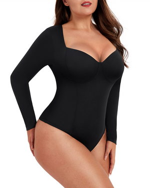 Deep Sweetheart Neck Longsleeve Bodysuit - Shapewear - Black