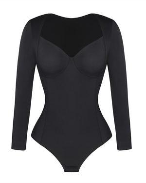 Deep Sweetheart Neck Longsleeve Bodysuit - Shapewear - Black