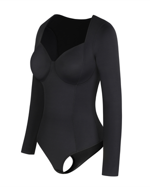 Deep Sweetheart Neck Longsleeve Bodysuit - Shapewear - Black