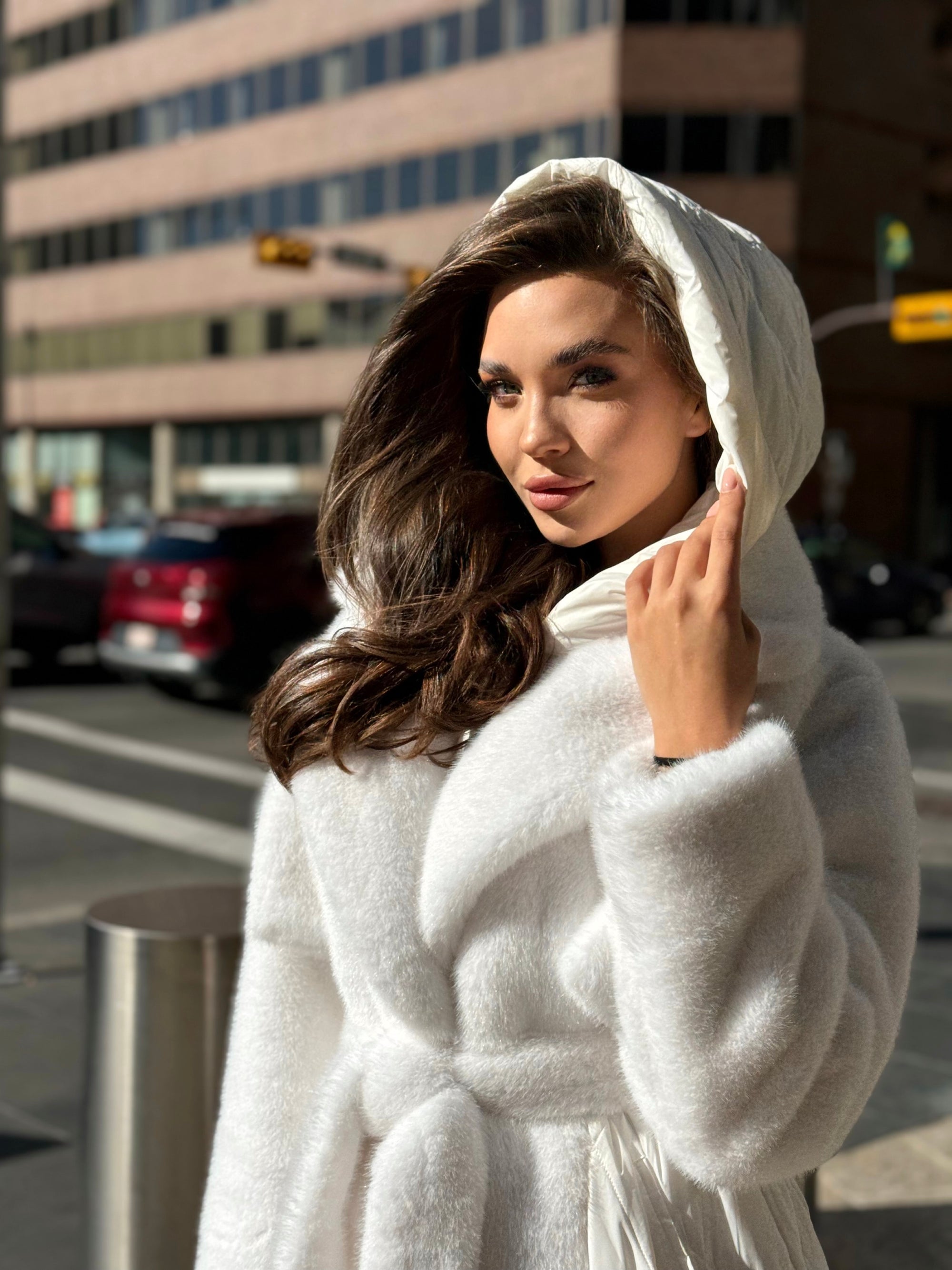 Faux Fur Coat with Nylon Hood - White