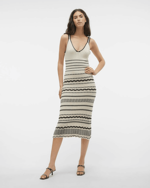 Stripe Knit Midi Dress - Eggshell White with Print