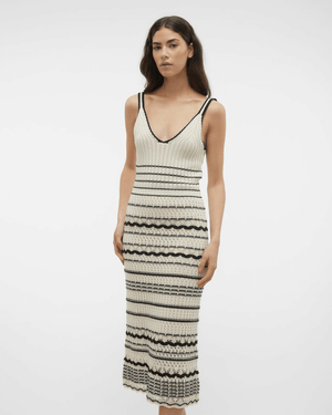 Stripe Knit Midi Dress - Eggshell White with Print