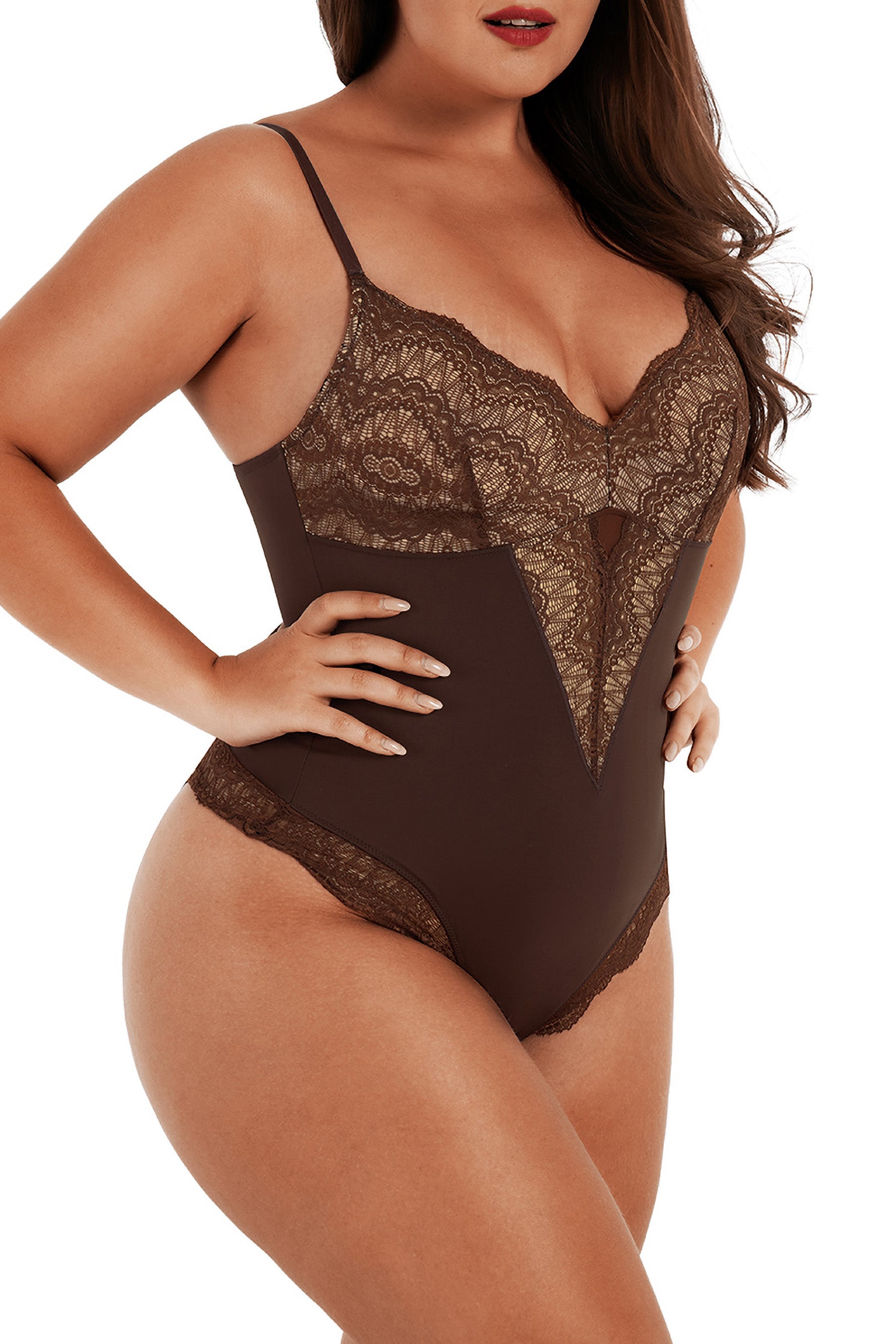 Plus Size Gail Glitter Mesh Bodysuit- Brown – Curvy Sense