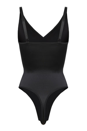 V-Neck Sculpting Satin - Thong Bodysuit - Black