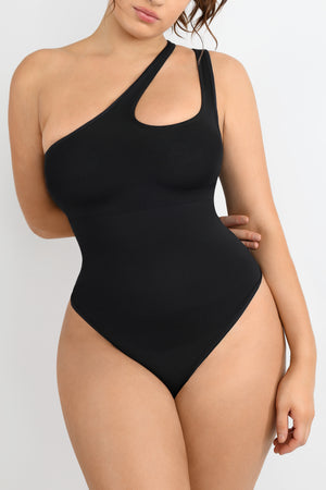 Asymmetrical Thong Bodysuit - Shapewear - Black