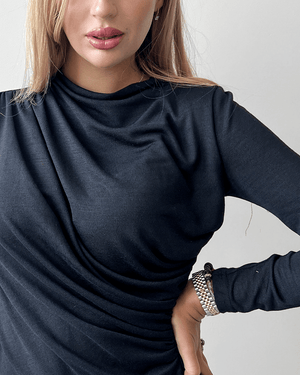 Mock-Neck Ruched Front Knit - Longsleeve - Black