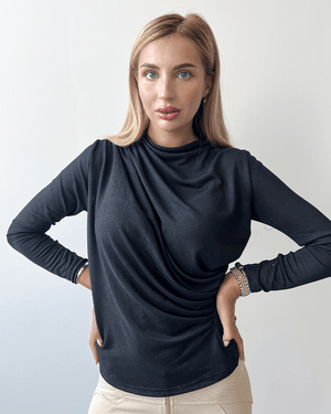 Mock-Neck Ruched Front Knit - Longsleeve - Black