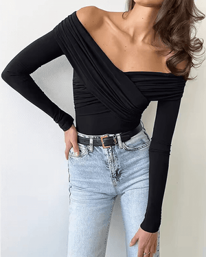 Off Shoulder Wrap Bodysuit - Knit - Black