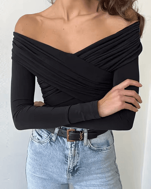 Off Shoulder Wrap Bodysuit - Knit - Black