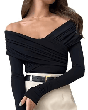 Off Shoulder Wrap Bodysuit - Knit - Black