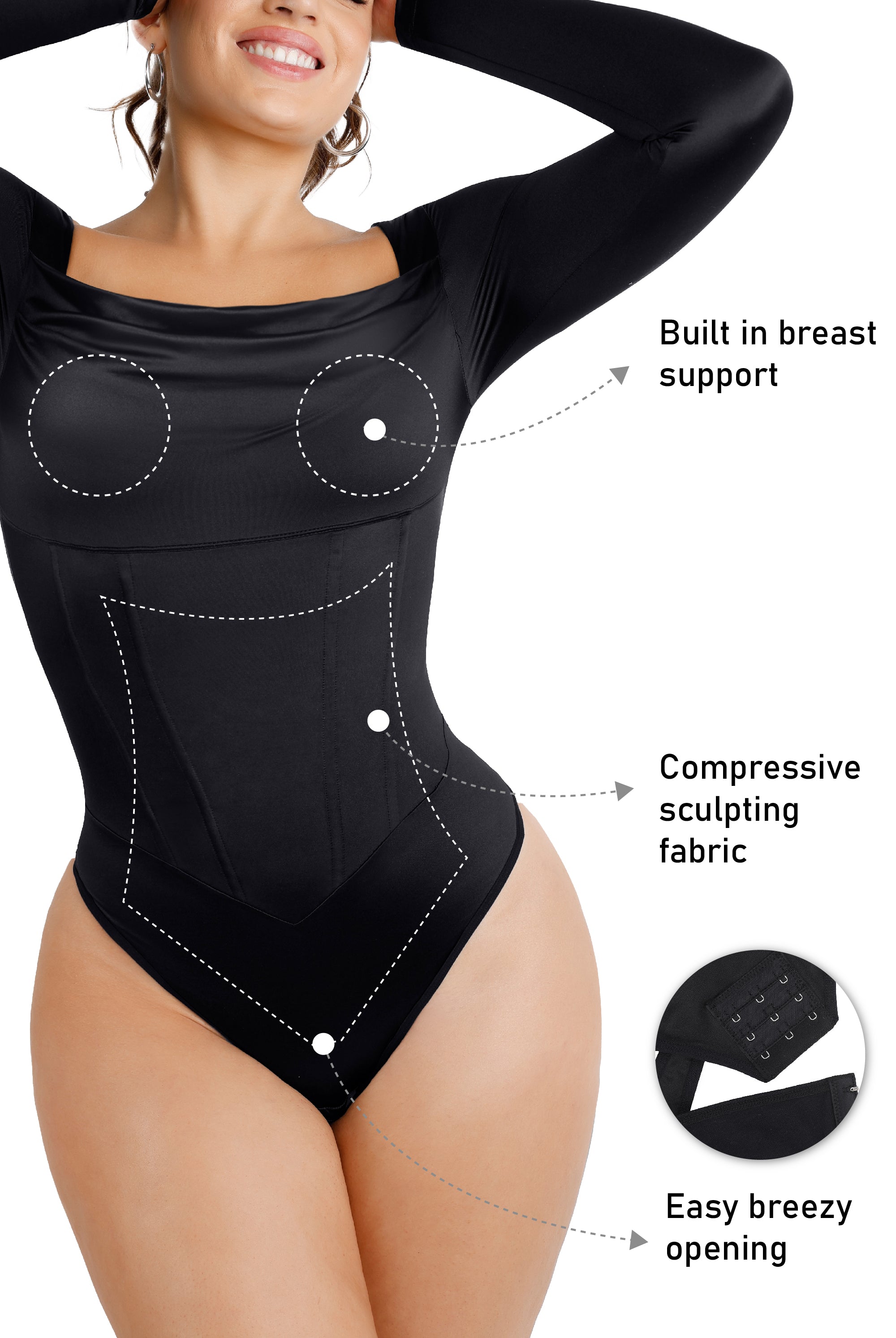 Thong Bodysuit for Women, Deep V Collar Long Sleeve Tummy Control