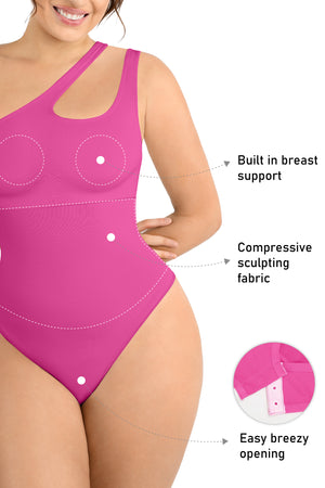 Asymmetrical Thong Bodysuit - Shapewear - Pink