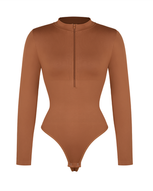 Zip Mock-Neck Longsleeve Bodysuit - Shapewear - Brown