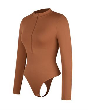 Zip Mock-Neck Longsleeve Bodysuit - Shapewear - Brown