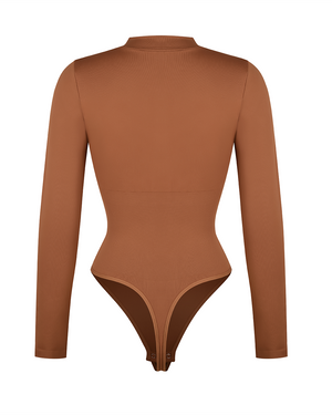 Zip Mock-Neck Longsleeve Bodysuit - Shapewear - Brown