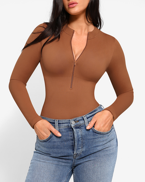 Zip Mock-Neck Longsleeve Bodysuit - Shapewear - Brown