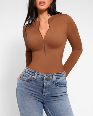 Zip Mock-Neck Longsleeve Bodysuit - Shapewear - Brown