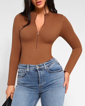 Zip Mock-Neck Longsleeve Bodysuit - Shapewear - Brown