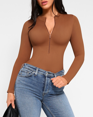 Zip Mock-Neck Longsleeve Bodysuit - Shapewear - Brown