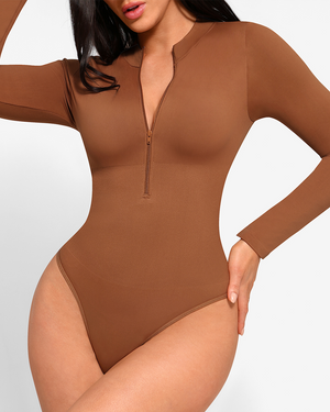 Zip Mock-Neck Longsleeve Bodysuit - Shapewear - Brown