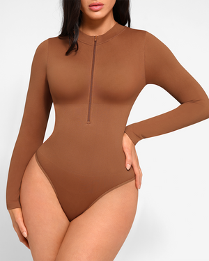 Zip Mock-Neck Longsleeve Bodysuit - Shapewear - Brown