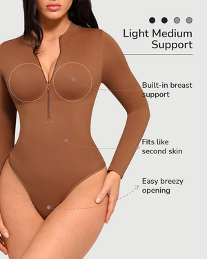 Zip Mock-Neck Longsleeve Bodysuit - Shapewear - Brown