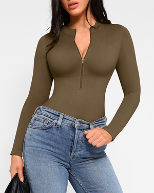 Zip Mock-Neck Longsleeve Bodysuit - Shapewear - Khaki