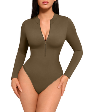 Zip Mock-Neck Longsleeve Bodysuit - Shapewear - Khaki