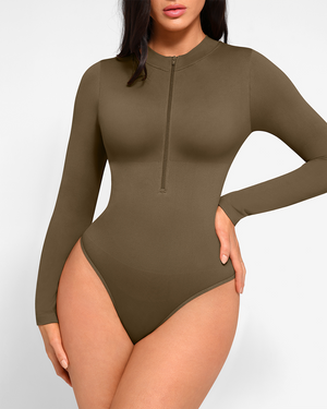 Zip Mock-Neck Longsleeve Bodysuit - Shapewear - Khaki