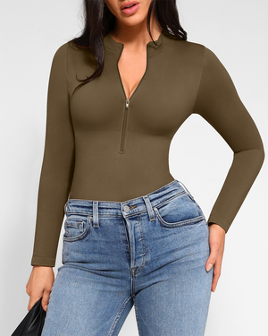 Zip Mock-Neck Longsleeve Bodysuit - Shapewear - Khaki