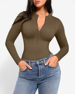 Zip Mock-Neck Longsleeve Bodysuit - Shapewear - Khaki