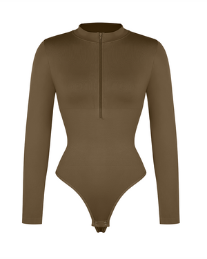 Zip Mock-Neck Longsleeve Bodysuit - Shapewear - Khaki