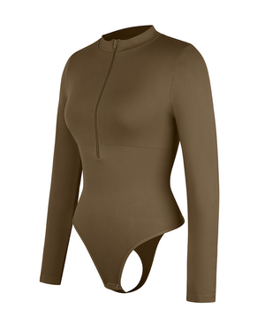 Zip Mock-Neck Longsleeve Bodysuit - Shapewear - Khaki