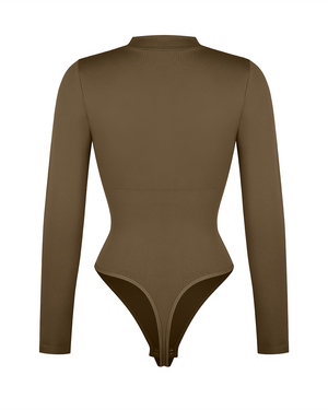 Zip Mock-Neck Longsleeve Bodysuit - Shapewear - Khaki