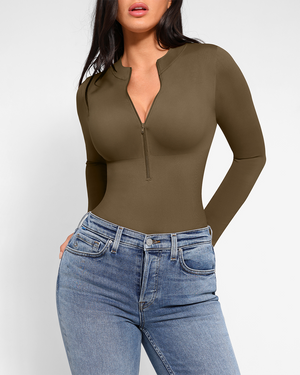 Zip Mock-Neck Longsleeve Bodysuit - Shapewear - Khaki