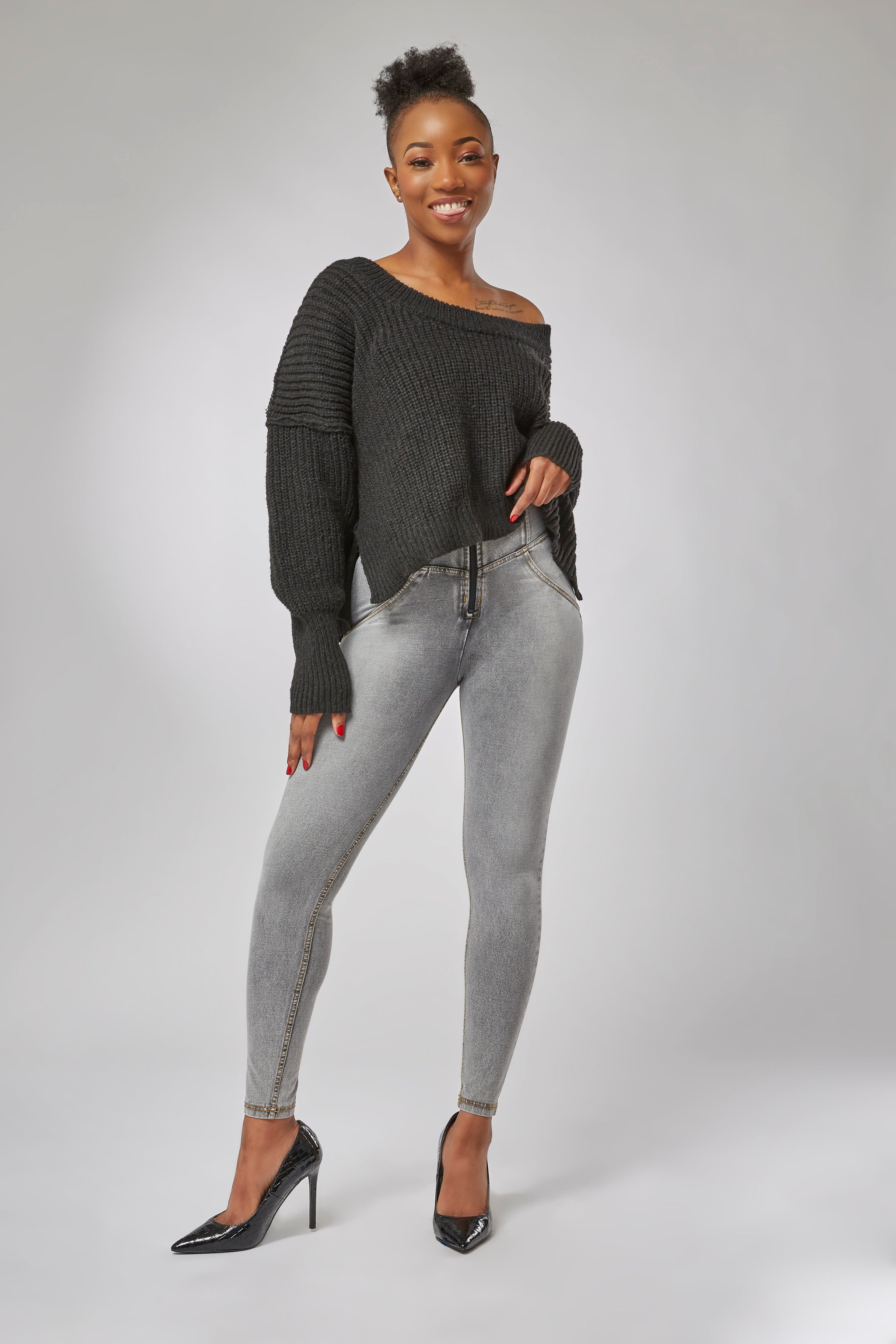 WR.UP® Denim - High Waisted - Full Length - Grey + Yellow Stitching