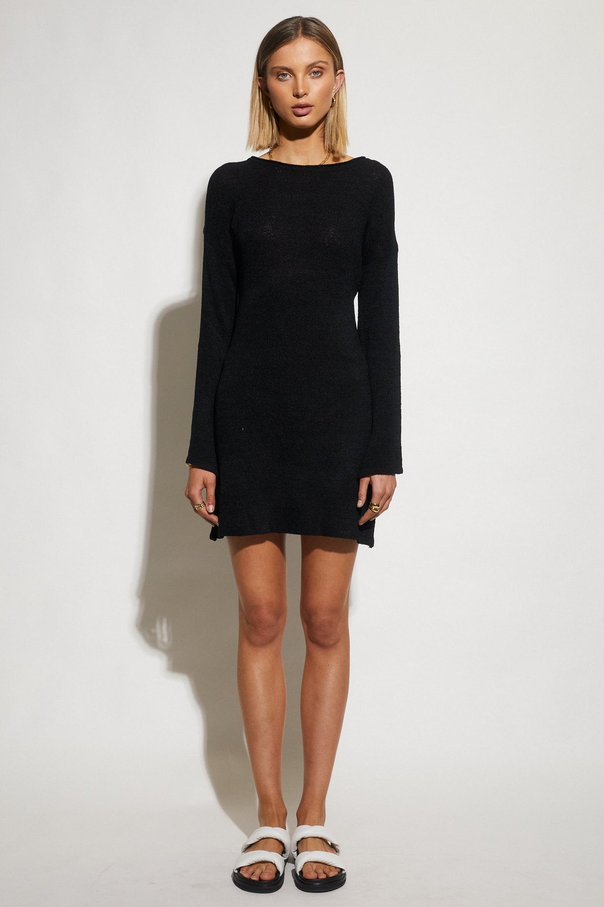 Amber Knit Mini Dress - Bell Sleeves - Black - LIVIFY