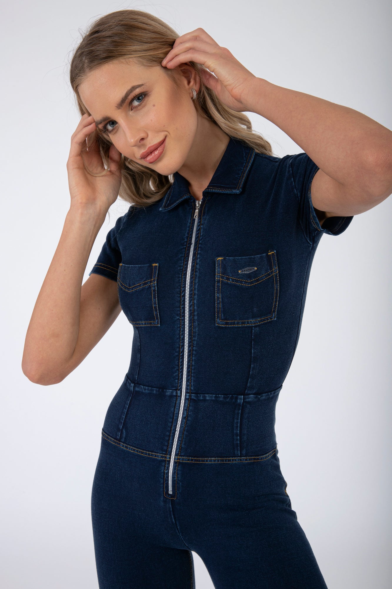 Womens Denim Jumpsuit Overalls Zip Front Collared all in one one