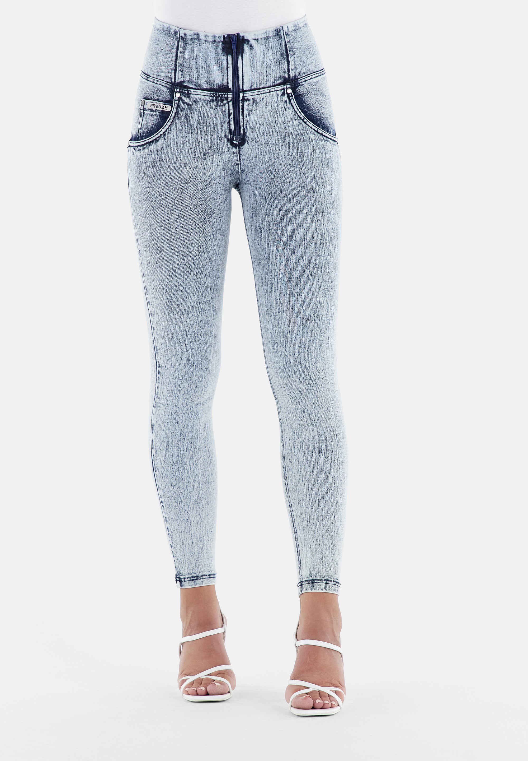 Comfortable Stretchy Denim Blue Pants With Metal Rivets Detailing